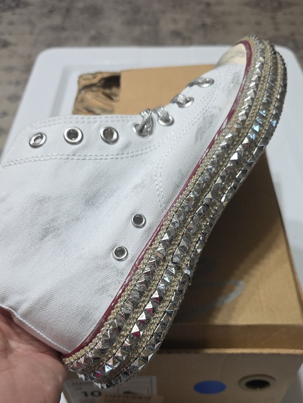 White Canvas High-Top Sneaker with Silver Studded Platform - Picture 3 of 4